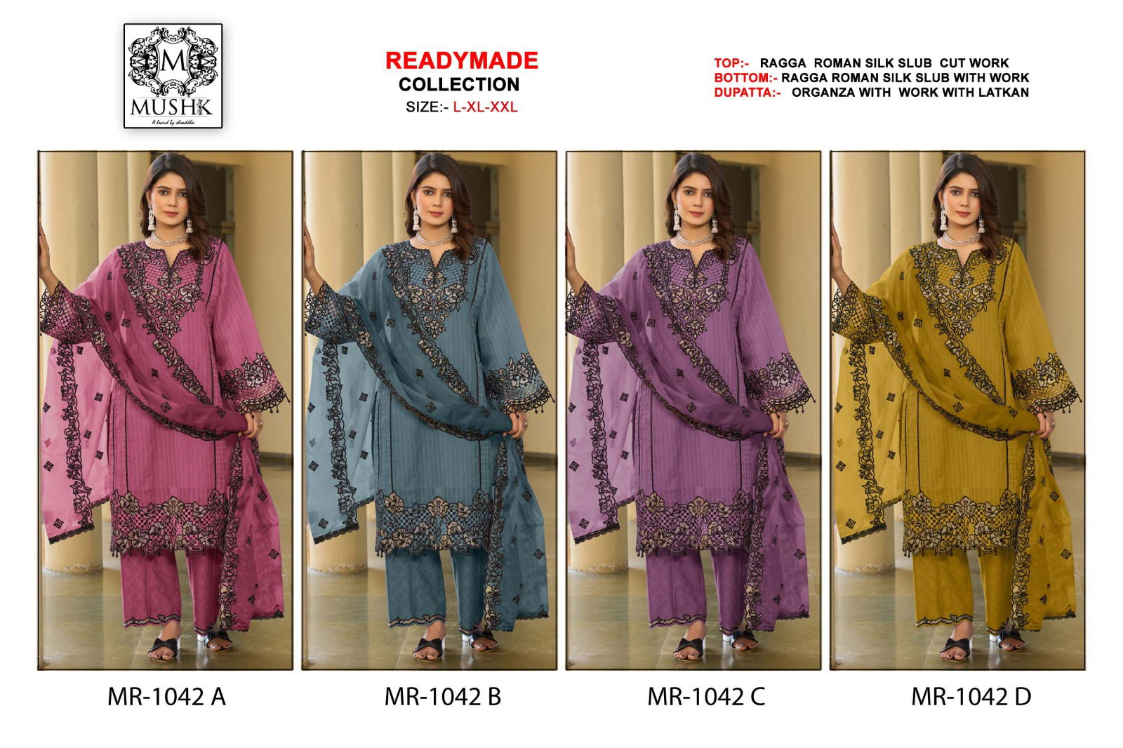 MR 1042 A To D By Mushk Raga Roman Silk Readymade Suits Wholesalers In Delhi
